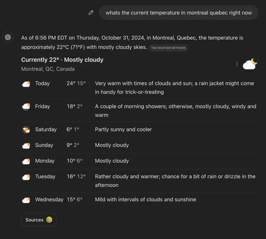 Capture d'écran de ChatGPT lorsqu'on lui demande la météo à Montréal, Québec