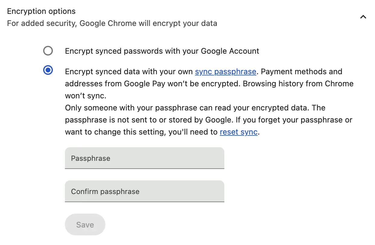 Screenshot of the Chrome sync passphrase area