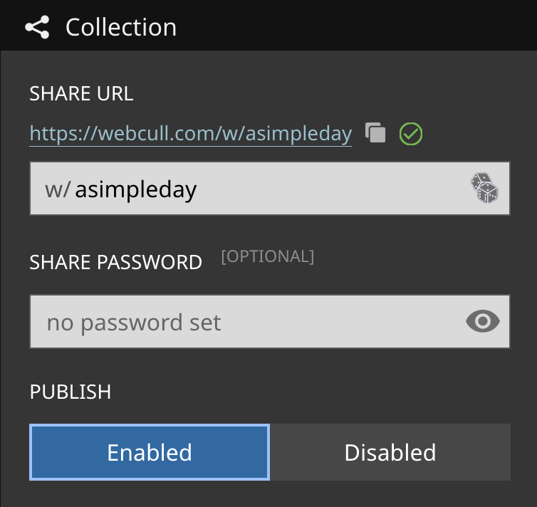 The Collection dropdown dialog window with a share URL, an optional password, and publish controls to enable or disable the collection.