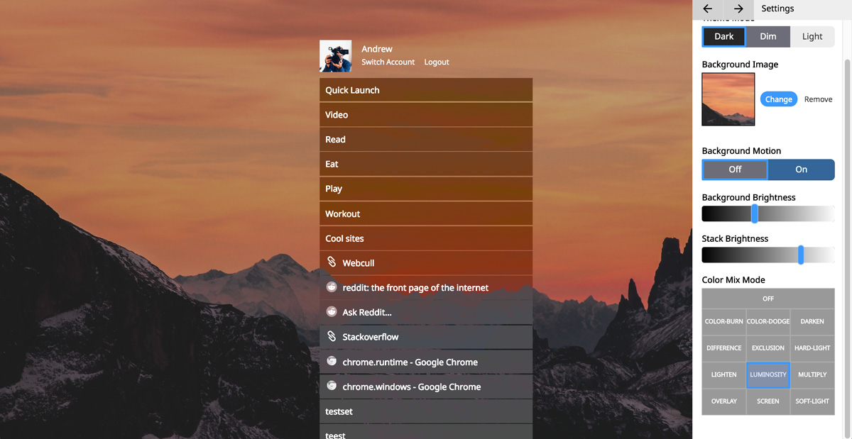 The WebCull bookmark manager open with the settings menu open to the background options with a bunch of options available