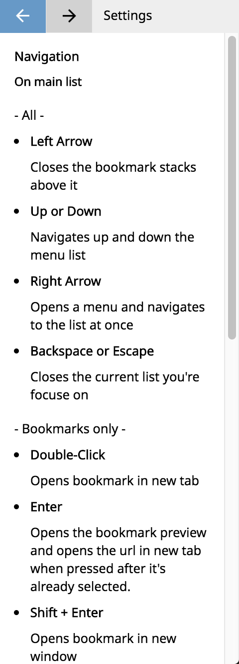 The keyboard shortcuts list that is located in the settings of the WebCull bookmark manager.